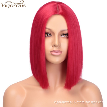 Vigorous Red Bob Wig Synthetic Straight Hair Wig for Women Middle Part Colorful Bob Wigs for Party & Cosplay Use